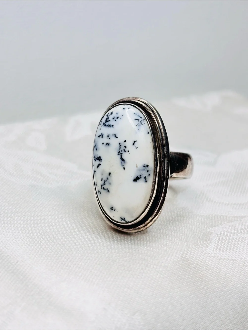 Large Dendritic Opal Ring Vintage Unisex Genuine 925 Sterling Size 10.25